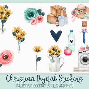 May include: A set of digital stickers featuring watercolor illustrations of flowers, a heart, a bottle of water, a paintbrush, a washing machine, an apple, and a pitcher of flowers. The stickers are precropped for use in Goodnotes and are available as PNG files.  Christian Digital Stickers. Precropped Goodnotes Files and PNGs.