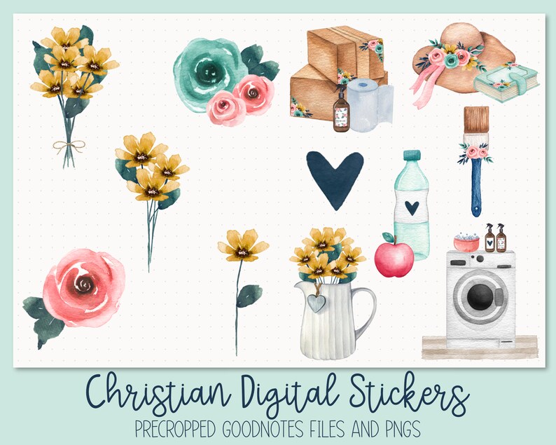 May include: A set of digital stickers featuring watercolor illustrations of flowers, a heart, a bottle of water, a paintbrush, a washing machine, an apple, and a pitcher of flowers. The stickers are precropped for use in Goodnotes and are available as PNG files.  Christian Digital Stickers. Precropped Goodnotes Files and PNGs.