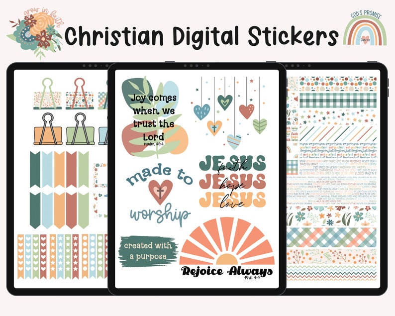 May include: Digital stickers with a Christian theme. The stickers feature a variety of designs, including hearts, flowers, stars, and scripture verses. The stickers are perfect for adding a touch of faith to your planner, journal, or other creative projects.