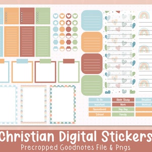 May include: A set of digital stickers for Goodnotes featuring a variety of colorful designs, including hearts, rainbows, and geometric shapes. The stickers are precropped and ready to use in your digital planner.