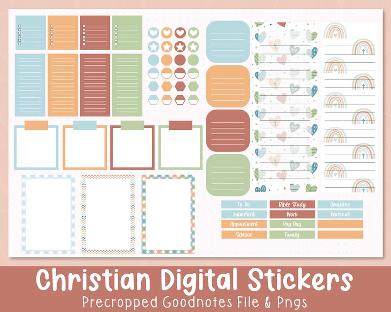 May include: A set of digital stickers for Goodnotes featuring a variety of colorful designs, including hearts, rainbows, and geometric shapes. The stickers are precropped and ready to use in your digital planner.