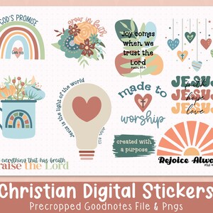 May include: A set of digital stickers with Christian themes. The stickers feature colorful illustrations of rainbows, hearts, flowers, and a lightbulb. The stickers also include Bible verses such as "God's Promise", "Grow in Faith", "Joy comes when we trust the Lord", "Made to Worship", "Jesus is the light of the world", "Let everything that has breath Praise the Lord", "Rejoice Always", and "Jesus Faith Hope Love".