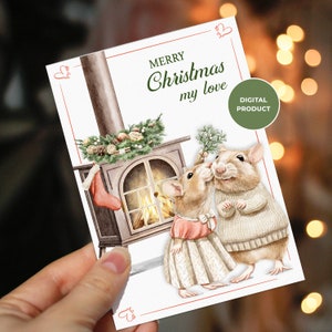 Schönes Mäusepaar Weihnachtskarte - Digitaler Download - Printable - Romantische Grußkarte - Unter Der Mistel - Frohe Weihnachten