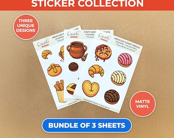 Colección de calcomanías de dulces mexicanos: Pan dulce, Rosca de Reyes, Pan de Muerto y Atole. Paquete de 3 hojas de calcomanías de vinilo recortables.