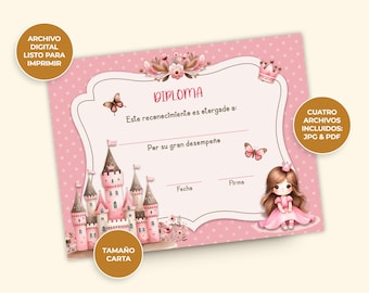 Diploma de Princesas, Certificado para Niñas, Castillo, Imprimible Digital, Descarga Instantánea, Nombre y Fecha Editables