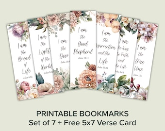 Marcapáginas imprimible con versículos bíblicos (set de siete) - Las declaraciones "Yo soy" de Jesús + Tarjeta de versículos gratis de 5x7 - Digital - Descarga instantánea - Imprimible