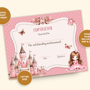 Princess Certificate for Kids, Castle, Fantasy, Printable Digital Certificate – Instant Download – Editable Name and Date