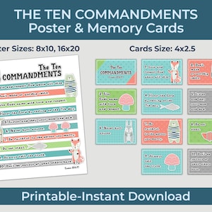 The Ten Commandments For Kids Poster And Memory Cards Set. Instant Download-Printable. Sunday School. Bible Memory Cards. Exodus 20. Nursery