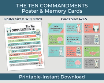 Póster y juego de tarjetas de memoria de Los Diez Mandamientos para niños. Descarga instantánea e imprimible. Escuela Dominical. Tarjetas de memoria bíblicas. Éxodo 20. Guardería.