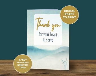 Tarjeta de agradecimiento ministerial - Gracias por su disposición a servir - Digital - Descarga instantánea - Lista para imprimir - Acuarela azul - Imprimible