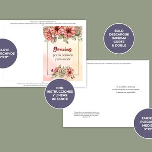 May include: Printable card template with a floral design and the text "Gracias por tu coraz&oacute;n para servir". The card is 5 inches by 7 inches and includes instructions for folding and cutting.