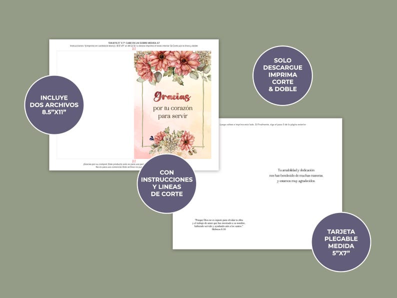 May include: Printable card template with a floral design and the text "Gracias por tu coraz&oacute;n para servir". The card is 5 inches by 7 inches and includes instructions for folding and cutting.