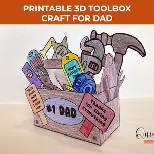 Puede incluir: Un kit de herramientas 3D imprimible para el Día del Padre. La caja de herramientas marrón contiene herramientas de papel, como un martillo, una llave inglesa y un nivel. La caja de herramientas tiene el texto "#1 DAD" y "Gracias por arreglarlo todo."