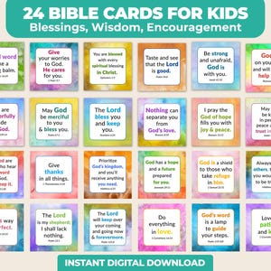 May include: A set of 24 Bible cards for kids, featuring blessings, wisdom, and encouragement. Each card has a colorful border and a short inspirational quote. The cards are designed with a variety of colors and fonts.