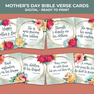 Cartões com versículos bíblicos para a mãe, Provérbios 31: Uma mulher virtuosa, Conjunto de cartões florais com as escrituras, Cartões cristãos para a mãe, Para imprimir, Download instantâneo