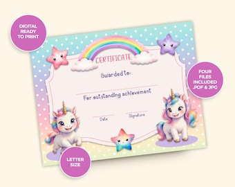Diploma de Unicornios, Certificado para Niñas, Arcoiris, Imprimible Digital, Descarga Instantánea, Nombre y Fecha Editables