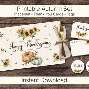 Fall Table Decor Set - Placemat - Thank You Cards - Tags - Sunflowers ...