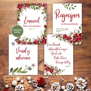 Tarjetas de Navidad Cristianas - Conjunto de 4 - Emmanuel, Regocijaos, Venid y Adoremos, Admirável Consejero Dios Fuerte - Digital Imprimible