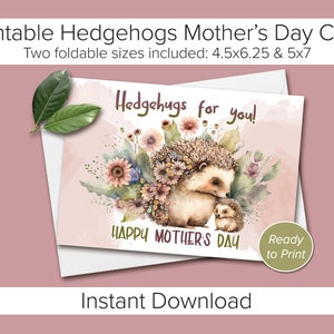Cartão de Dia das Mães para imprimir. Cartão Ouriço. Cartão digital de Dia das Mães. Cartão para impressão de ouriços fofos. Cartão de felicitações de animais. Cartão para mamãe