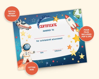Certificado Espacial para Niños, Cohete, Luna, Astronauta, Certificado Digital Imprimible – Descarga Instantánea – Nombre y Fecha Editables