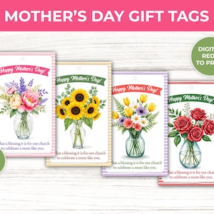 May include: Four printable gift tags with different floral designs. Each tag features a vase of flowers with a striped background and the text "Happy Mother's Day!" and a message about celebrating a mom. The tags are 2.5 inches by 4 inches.