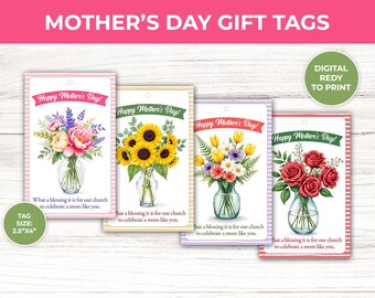 Etiqueta de regalo para el Día de la Madre, Etiquetas cristianas para mamá, Ramo floral, Florero, Agradecimiento, Descarga instantánea, Listo para imprimir digitalmente