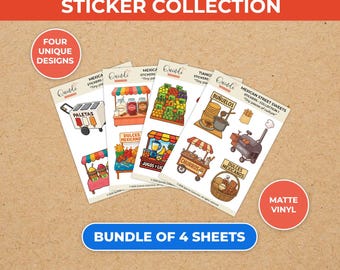 Colección de calcomanías de clásicos mexicanos, comida callejera, aguas frescas, tianguis, churros. Lote de 4 láminas de calcomanías de vinilo recortables.