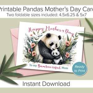 Afdrukbare Moederdagkaart. Panda-kaart. Digitale Moederdagkaart. Schattige Panda afdrukbare kaart. Dieren wenskaart. Babypanda