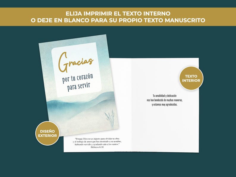May include: A blank card with a watercolor background and the text "Gracias por tu coraz&oacute;n para servir". The card has a design on the front and a blank space on the back for a message. The text "TEXTO INTERIOR" is in a circle on the back of the card.