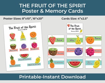 Póster del Fruto del Espíritu y Tarjetas Bíblicas de Memoria para Niños – Imprimible Cristiano para la Escuela Dominical – Descarga Instantánea – Decoración Infantil Bonita