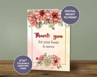 Tarjeta de agradecimiento ministerial - Gracias por su disposición a servir - Digital - Descarga instantánea - Lista para imprimir - Diseño floral en acuarela