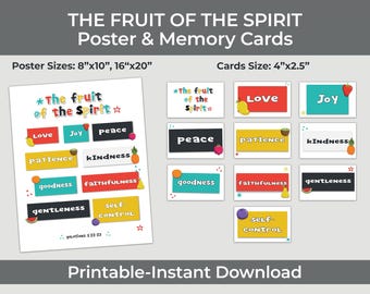 Póster y tarjetas de recuerdo "Fruto del Espíritu" - Imprimible cristiano vibrante - Decoración para el hogar o el aula - Colores vivos - Descarga instantánea