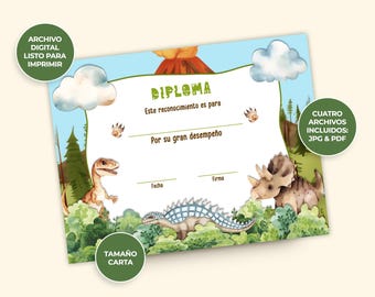 Diploma de Dinosaurios, Certificado para Niños, Prehistórico, T-Rex, Imprimible Digital, Descarga Instantánea, Nombre y Fecha Editables