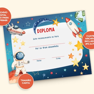 Diploma del Espacio para Niños, Certificado para Niños de Astronautas, Imprimible Digital, Descarga Instantánea, Nombre y Fecha Editables