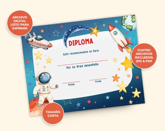 Diploma del Espacio para Niños, Certificado para Niños de Astronautas, Imprimible Digital, Descarga Instantánea, Nombre y Fecha Editables