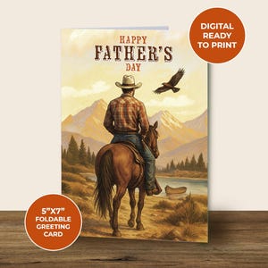 Biglietto per la festa del papà - Papà cowboy a cavallo stampabile - Biglietto digitale a tema western - Biglietto rustico per papà di campagna - Download immediato