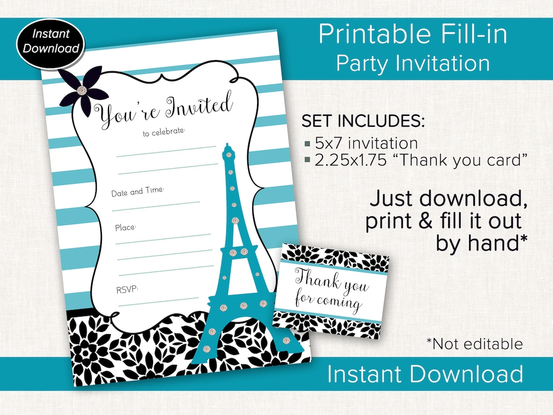 Paris Party Invitations, Printable Fillin Paris Invitations