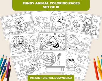 Páginas para colorear de animales para niños, juego de 10 hojas, escenas de animales adorables y divertidas, listas para imprimir, descarga instantánea, digital