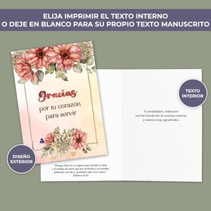 May include: A thank you card with a floral design. The front of the card has a watercolor illustration of pink flowers and greenery. The text on the front of the card reads "Gracias por tu coraz&oacute;n para servir". The back of the card is blank and has a space for a handwritten message.