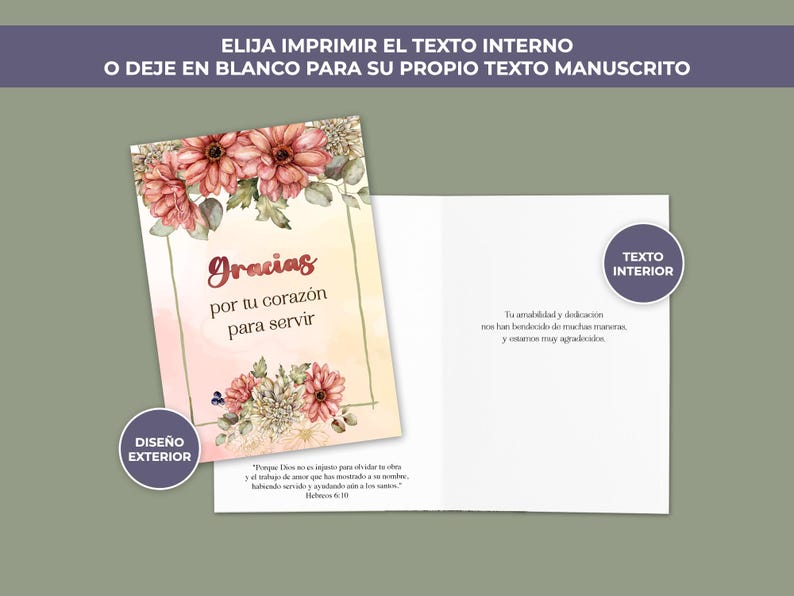 May include: A thank you card with a floral design. The front of the card has a watercolor illustration of pink flowers and greenery. The text on the front of the card reads "Gracias por tu coraz&oacute;n para servir". The back of the card is blank and has a space for a handwritten message.