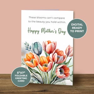Carte de fête des mères, belles illustrations florales, bonne fête des mères, tulipes aquarelles, carte pour maman, téléchargement numérique immédiat, imprimable