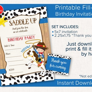 Faire-parts d'anniversaire cow-boy, faire-part à remplir pour cow-boy, faire-parts cow-boy imprimables, faire-part à une fête avec carte de remerciement