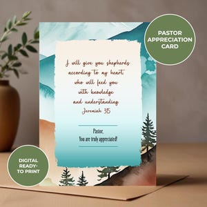 Pastor Appreciation Card - digitale download - afdrukbaar - bedankkaart. Digitale wenskaart. Ministeriekaart. Jeremia 3:15: