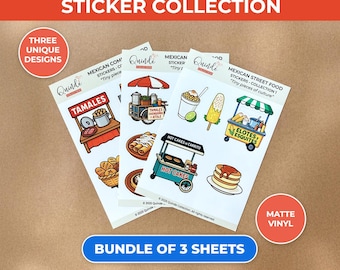 Colección de pegatinas de comida callejera mexicana: tamales, elotes, garnachas, gelatinas y más. Lote de 3 hojas de pegatinas de vinilo recortables.