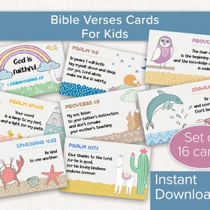 Tarjetas de memoria con versículos bíblicos para niños: lindas ilustraciones de animales, tarjetas imprimibles de las Escrituras para niños, descarga instantánea.