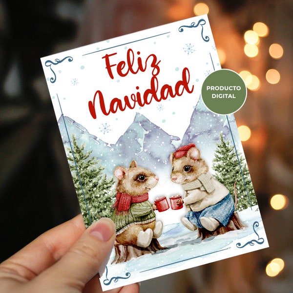 Tarjeta de Navidad- Digital - Imprimible - Tarjeta con Animales - Feliz Navidad - Ratones Felices - Tarjeta de Felicitación