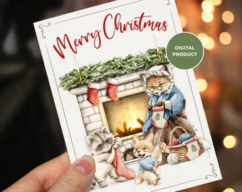 Cozy Christmas Card - Digital Download - Printable - Animals Greeting Card - Merry Christmas