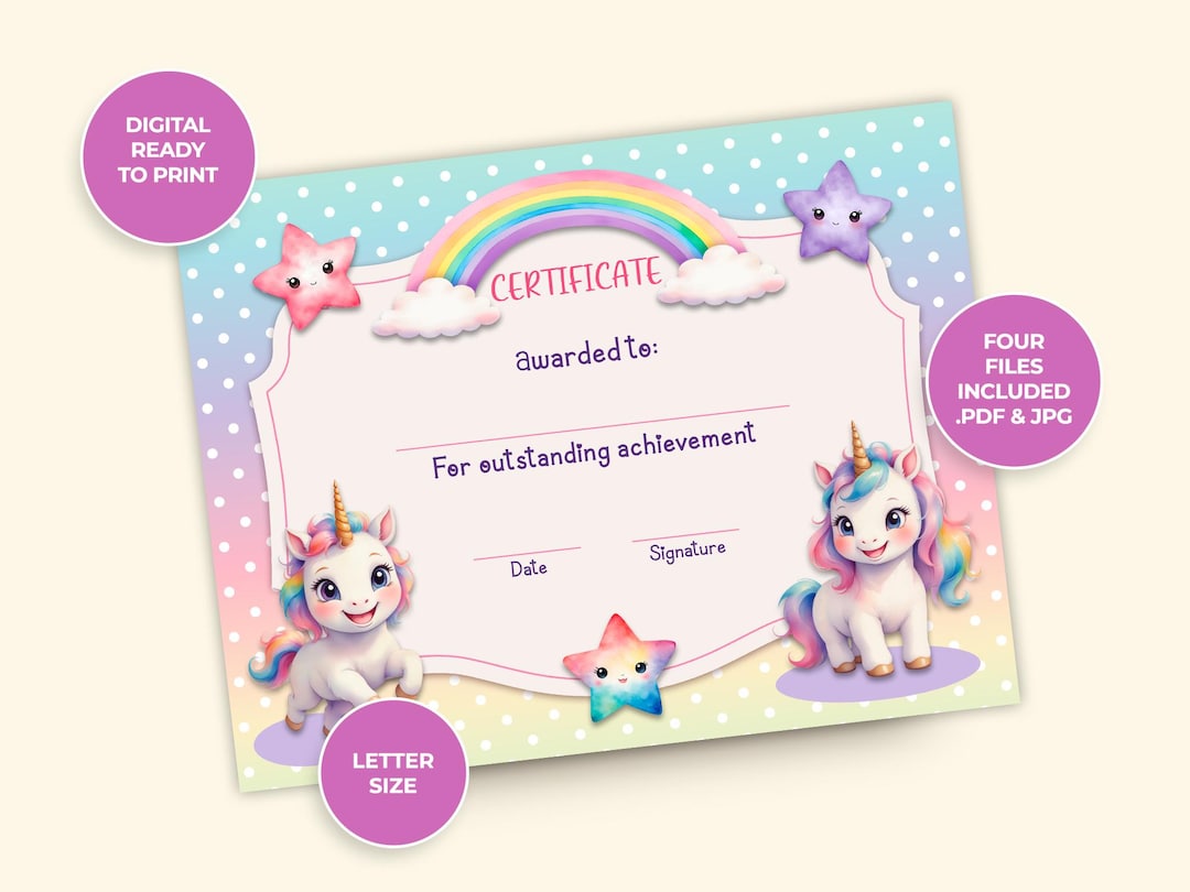 Unicorn Certificate for Kids, Rainbow, Fantasy, Printable Digital ...