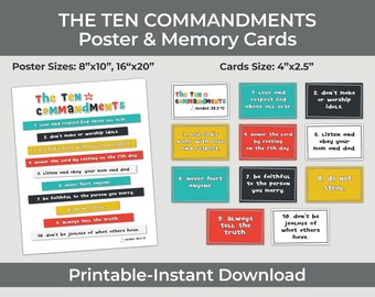 Póster y juego de tarjetas de memoria de Los Diez Mandamientos para niños. Descarga instantánea e imprimible. Escuela Dominical. Tarjetas de memoria bíblicas. Colores vibrantes.