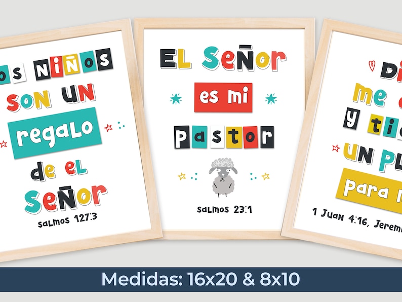 Pode incluir: Tr&ecirc;s impress&otilde;es emolduradas coloridas com texto em espanhol. A primeira impress&atilde;o diz "Los ni&ntilde;os son un regalo de el Se&ntilde;or" com a refer&ecirc;ncia b&iacute;blica "Salmos 127:3". A segunda impress&atilde;o diz "El Se&ntilde;or es mi Pastor" com a refer&ecirc;ncia b&iacute;blica "Salmos 23:1". A terceira impress&atilde;o diz "Dios me ama y tiene un plan para mi" com a refer&ecirc;ncia b&iacute;blica "1 Juan 4:16, Jeremias 29:11".
